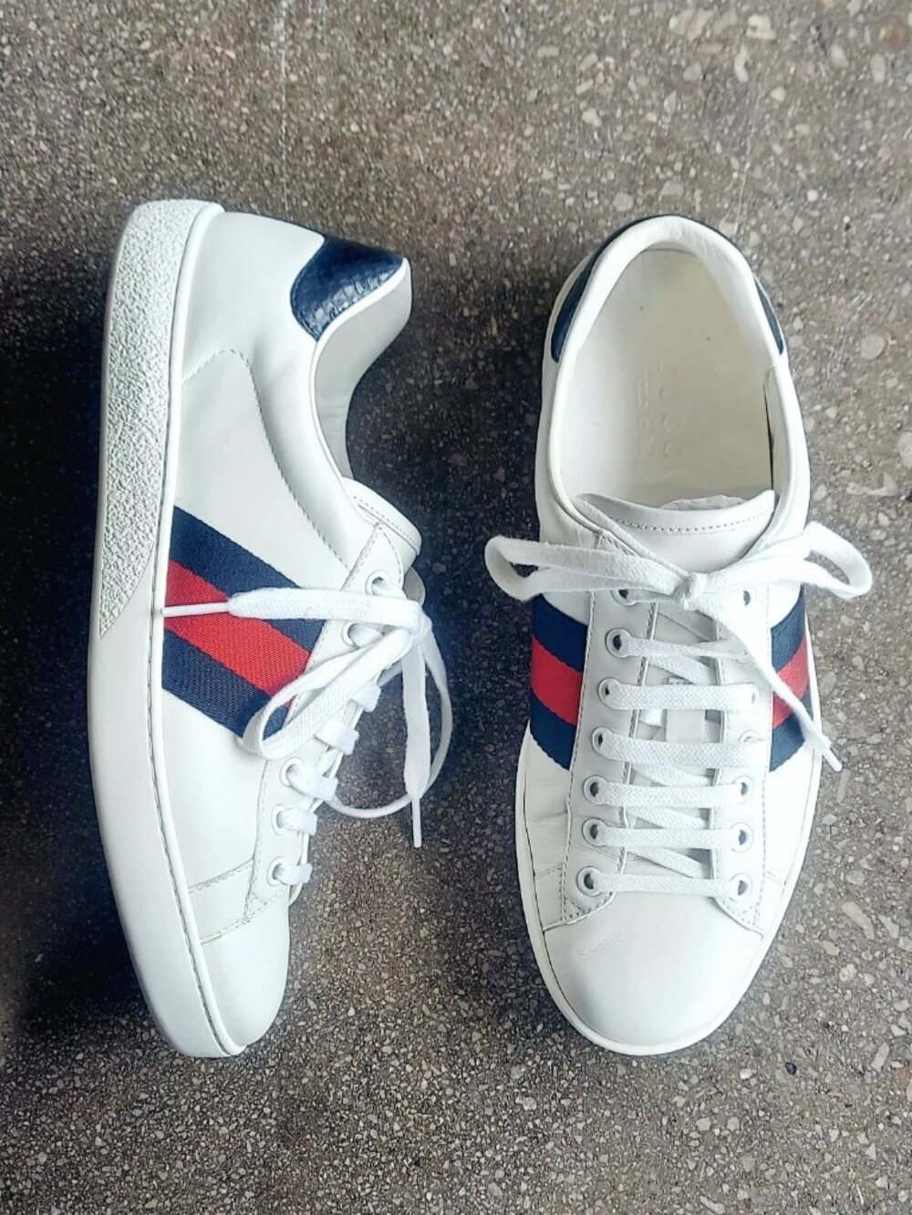 Gucci Ace Leather Navy Red Web Stripe Sneaker M7.5 W9-9.5 - Picture 4 of 14